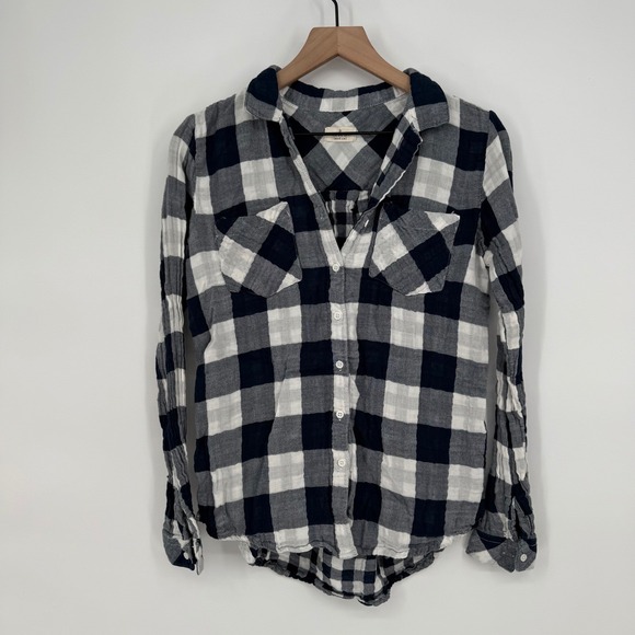Thread & Supply Plaid Flannel Shirt Button Down Long Sleeve Navy Ivory M - Picture 2 of 8
